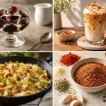 Collage of coffee jelly, iced Biscoff latte, fried cabbage and homemade Cajun seasoning