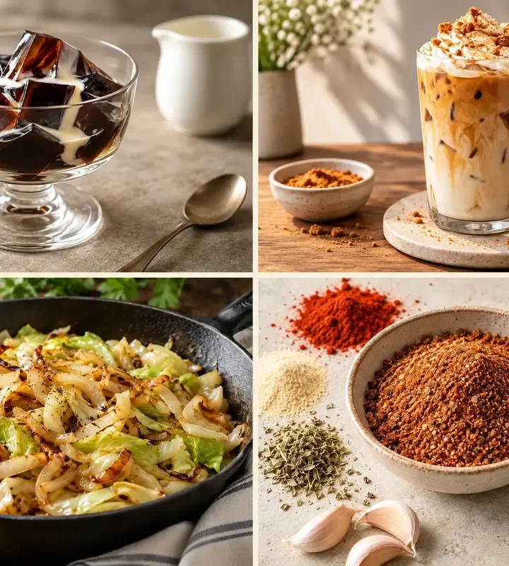 Collage of coffee jelly, iced Biscoff latte, fried cabbage and homemade Cajun seasoning
