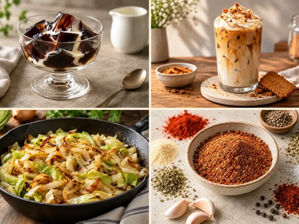 Collage of coffee jelly, iced Biscoff latte, fried cabbage and homemade Cajun seasoning