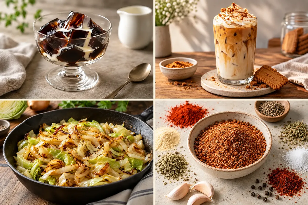 Collage of coffee jelly, iced Biscoff latte, fried cabbage and homemade Cajun seasoning