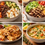 Collage of beef bowls, chicken quesadillas and lemon chicken orzo soup