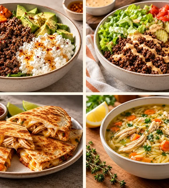 Collage of beef bowls, chicken quesadillas and lemon chicken orzo soup