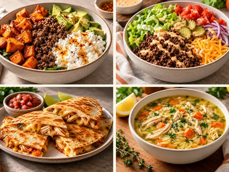 Collage of beef bowls, chicken quesadillas and lemon chicken orzo soup