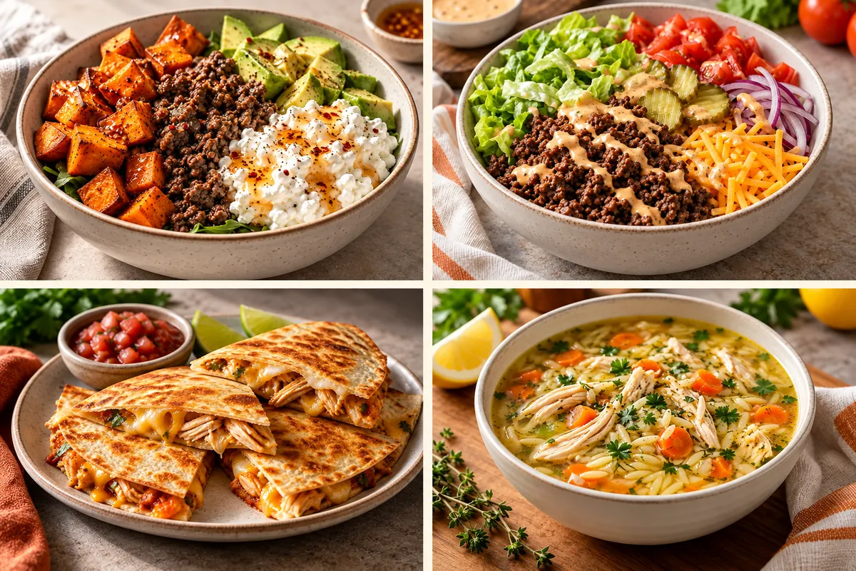 Collage of beef bowls, chicken quesadillas and lemon chicken orzo soup