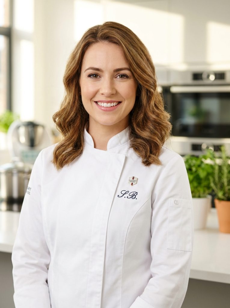 Sophie Bennett in a white chef-style jacket in a bright kitchen