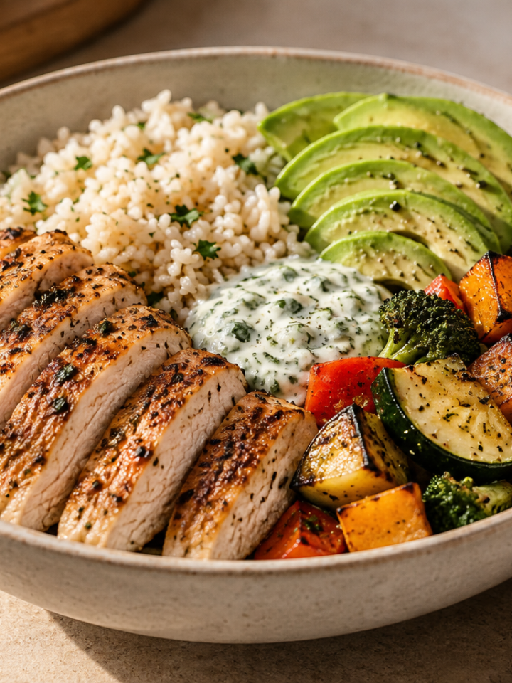 Chicken rice bowl with avocado, roasted vegetables and a light herb sauce
