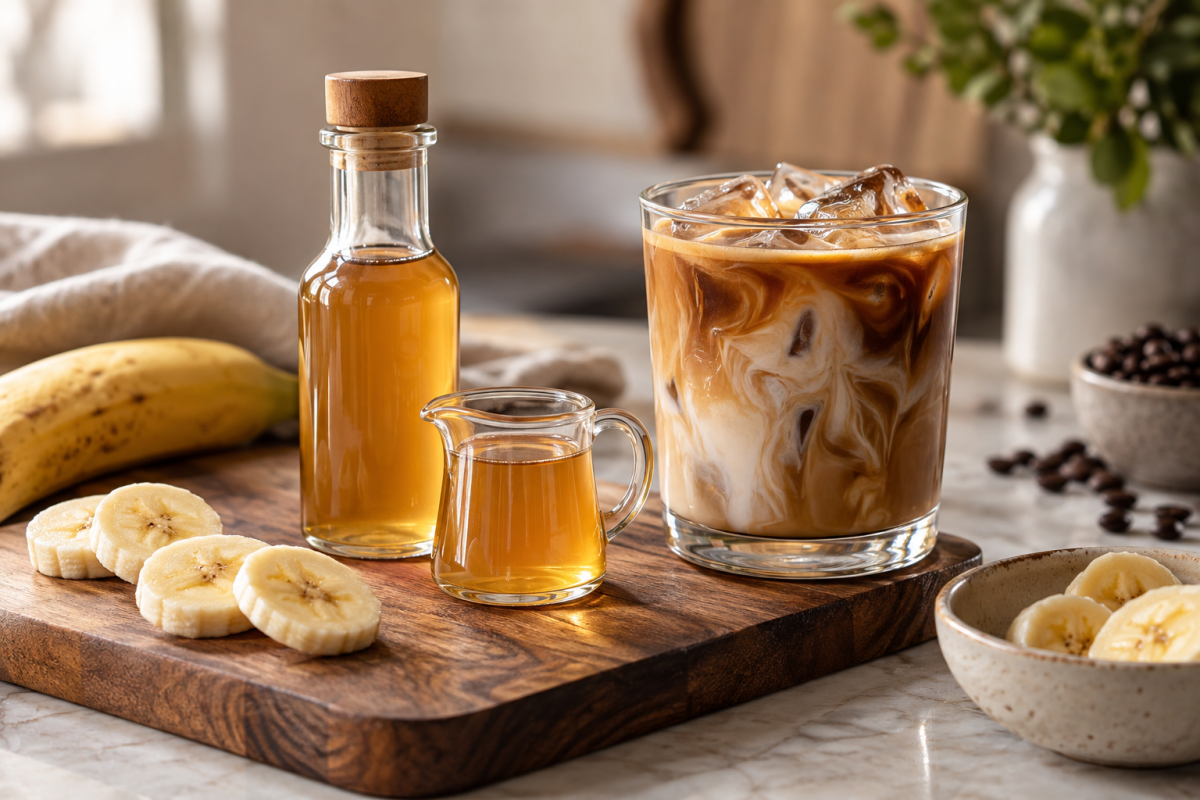 Homemade banana coffee syrup beside a creamy iced coffee and banana slices