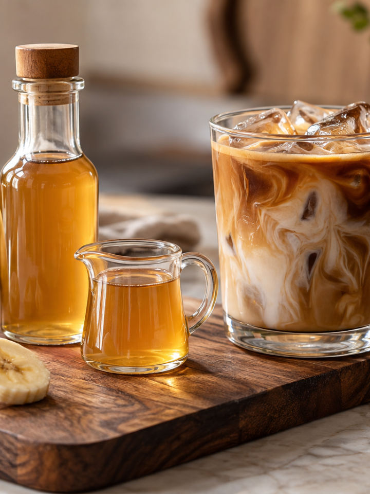 Homemade banana coffee syrup beside a creamy iced coffee and banana slices