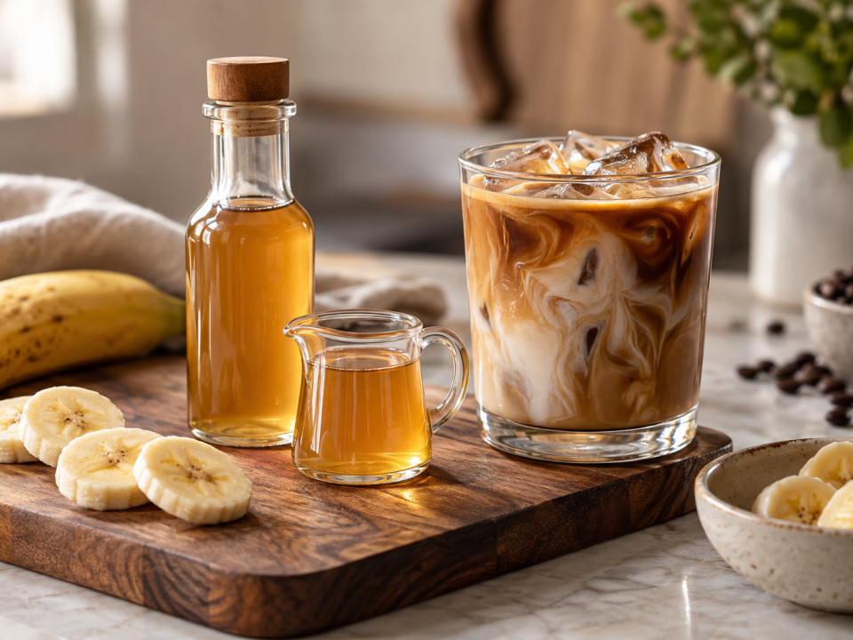 Homemade banana coffee syrup beside a creamy iced coffee and banana slices