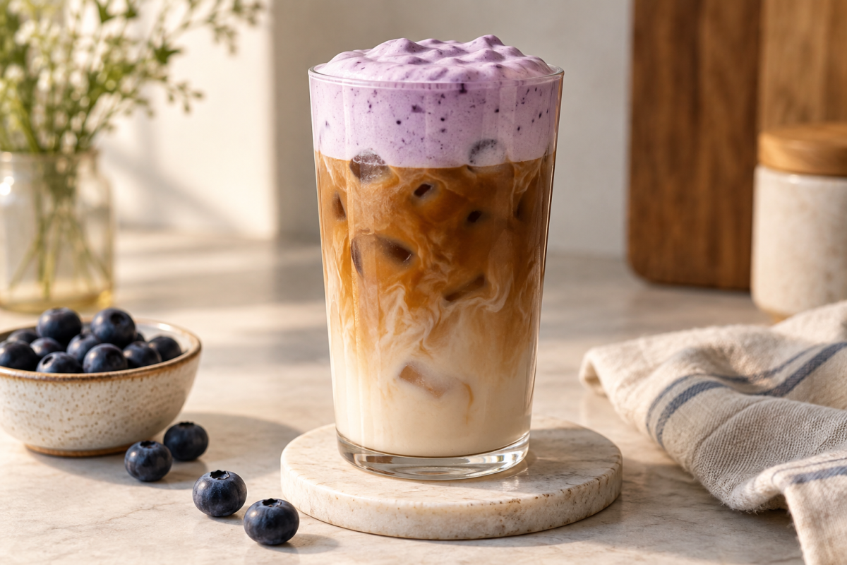 Iced coffee topped with thick blueberry cold foam beside fresh blueberries