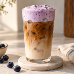 Iced coffee topped with thick blueberry cold foam beside fresh blueberries
