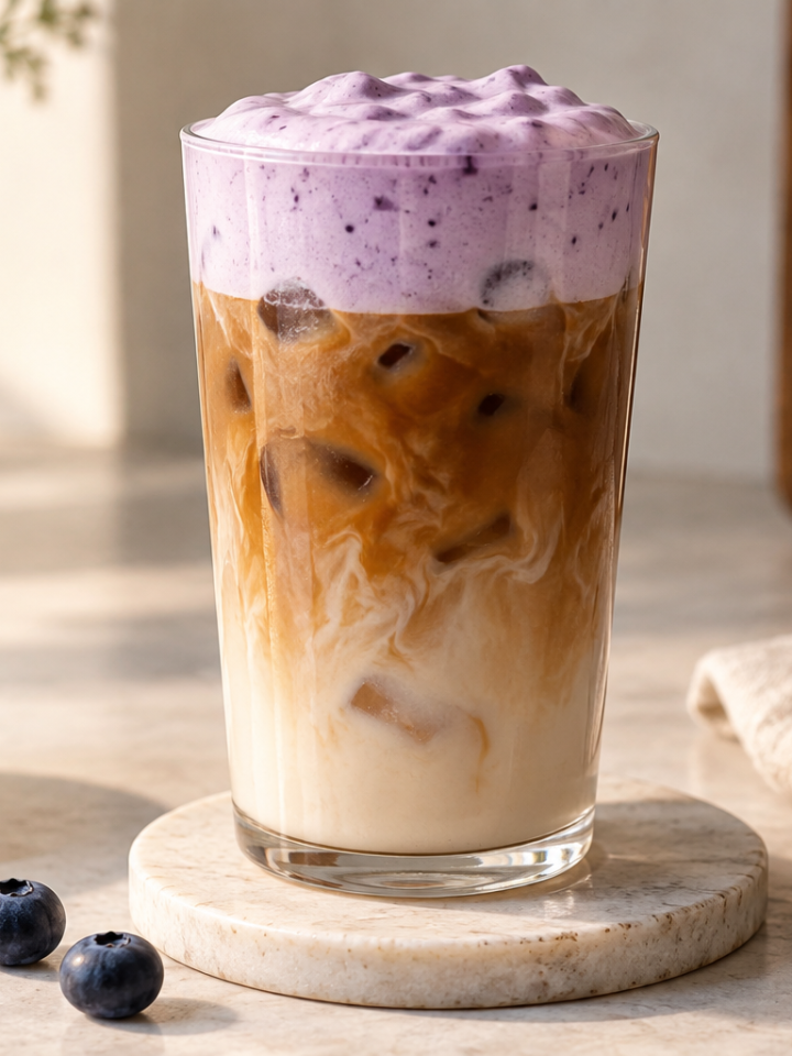 Iced coffee topped with thick blueberry cold foam beside fresh blueberries