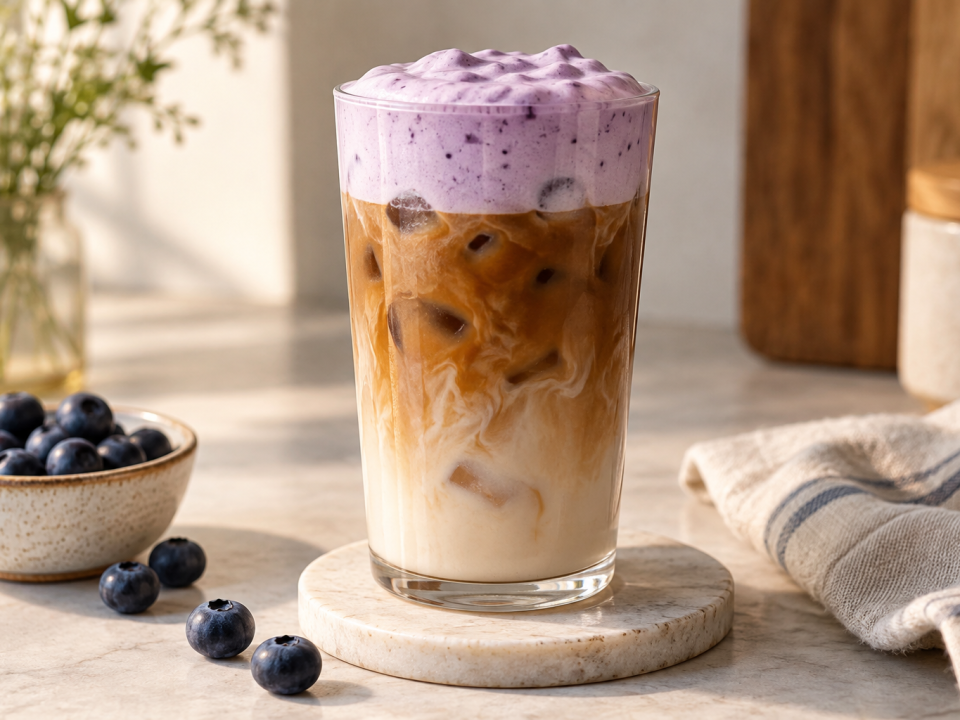 Iced coffee topped with thick blueberry cold foam beside fresh blueberries