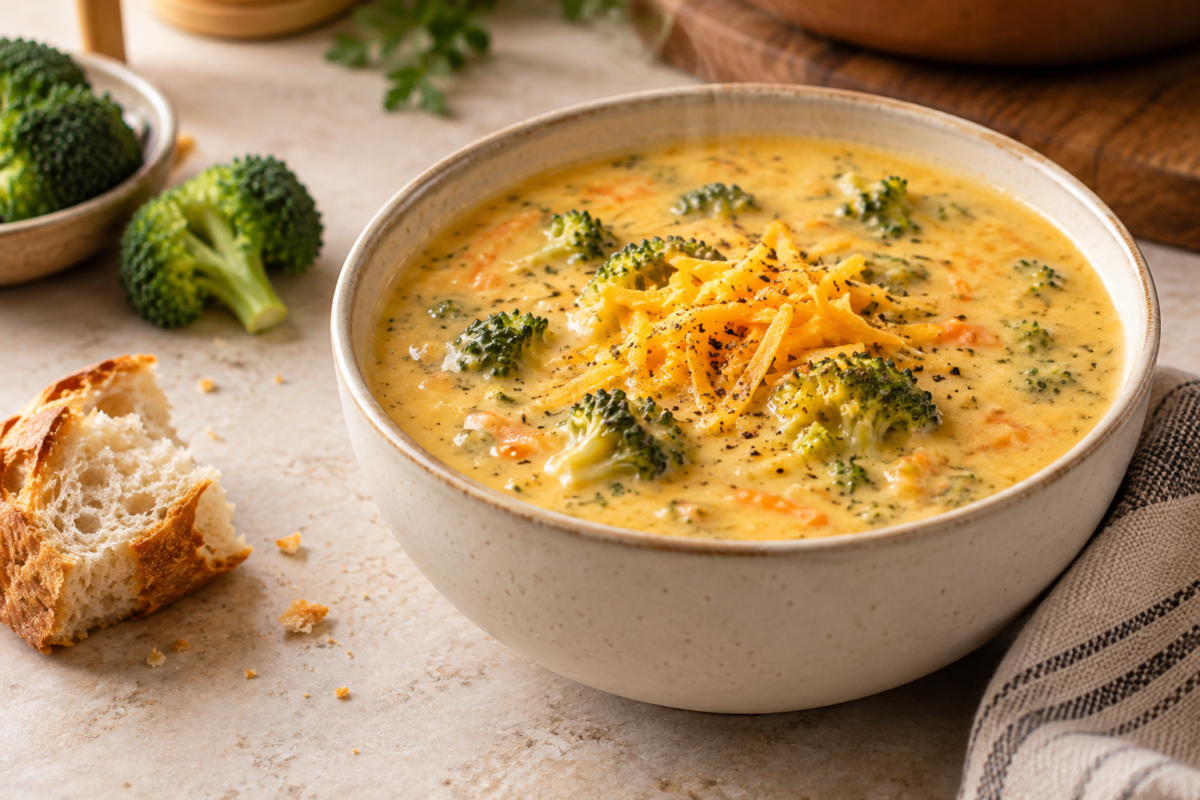 Creamy broccoli cheddar soup with broccoli florets, shredded cheddar and black pepper in a cream bowl