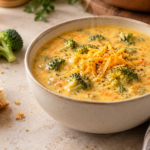 Creamy broccoli cheddar soup with broccoli florets, shredded cheddar and black pepper in a cream bowl