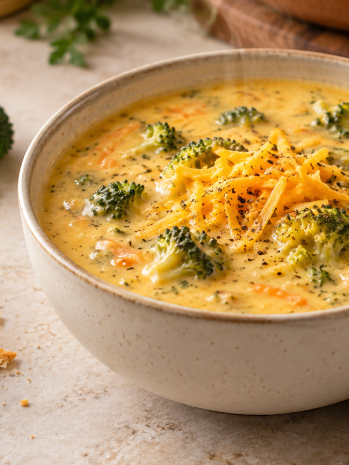 Creamy broccoli cheddar soup with broccoli florets, shredded cheddar and black pepper in a cream bowl