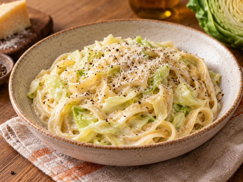 Creamy Alfredo pasta with tender cabbage ribbons, Parmesan and black pepper