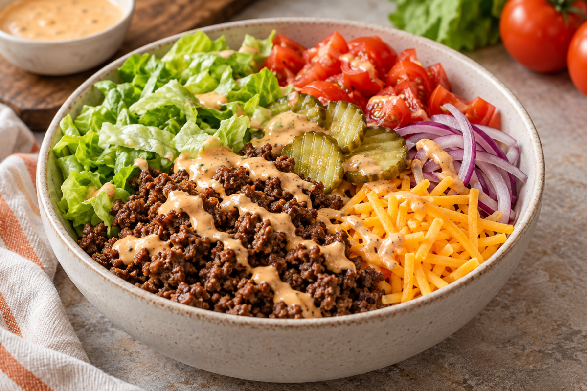 Cheeseburger bowl with ground beef, lettuce, tomato, pickles, cheddar and burger sauce