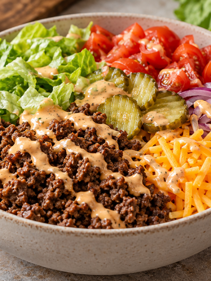Cheeseburger bowl with ground beef, lettuce, tomato, pickles, cheddar and burger sauce