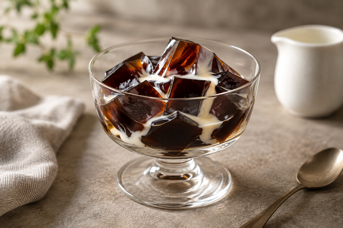 Glossy coffee jelly cubes in a clear dessert glass with a small pour of cream