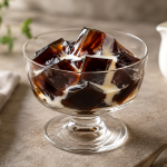 Glossy coffee jelly cubes in a clear dessert glass with a small pour of cream