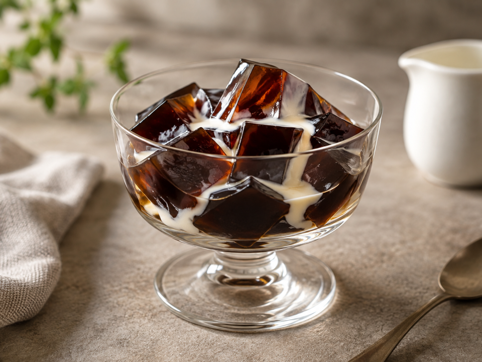 Glossy coffee jelly cubes in a clear dessert glass with a small pour of cream