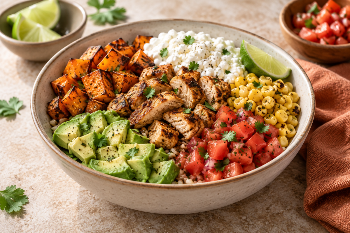 Chicken taco bowl with cottage cheese, sweet potato, avocado, tomato and corn
