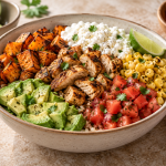 Chicken taco bowl with cottage cheese, sweet potato, avocado, tomato and corn