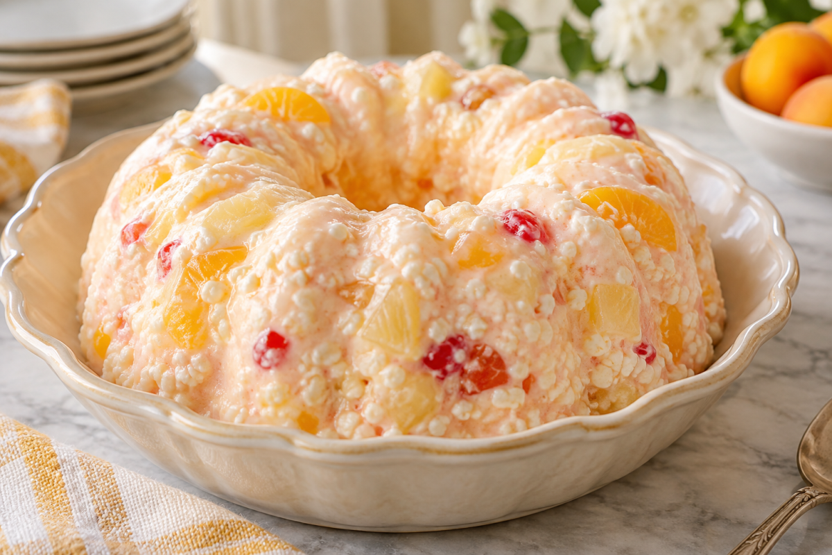 Chilled cottage cheese gelatin salad with pastel fruit pieces in a cream bowl