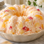 Chilled cottage cheese gelatin salad with pastel fruit pieces in a cream bowl