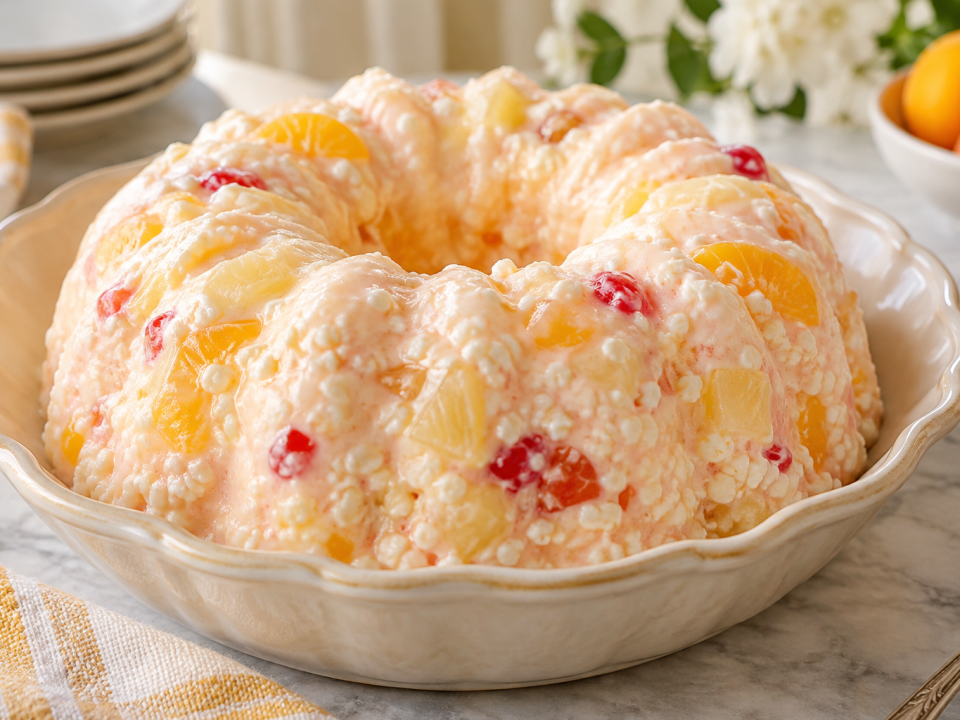 Chilled cottage cheese gelatin salad with pastel fruit pieces in a cream bowl