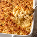 Creamy baked mac and cheese with golden toasted panko topping