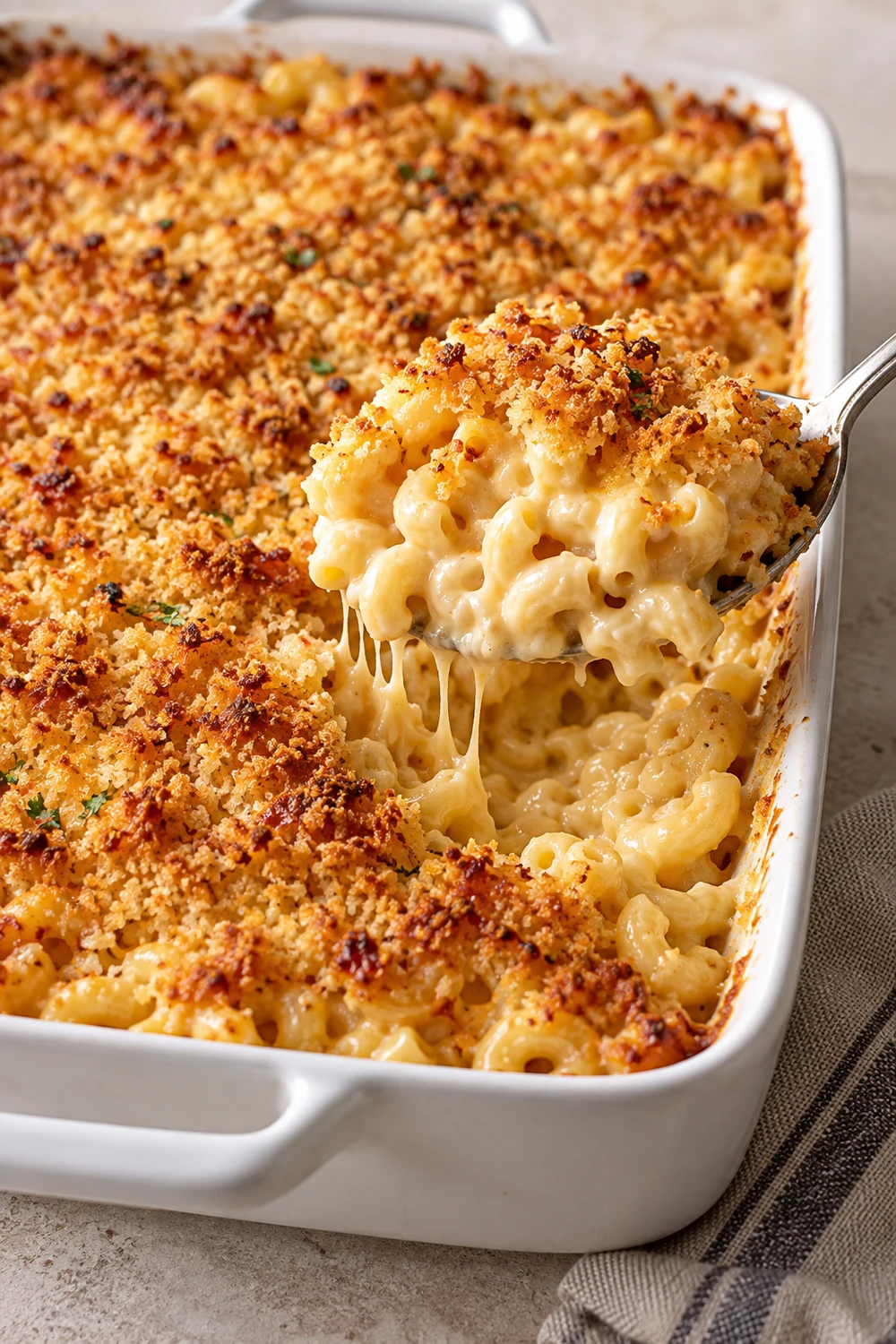Creamy baked mac and cheese with golden toasted panko topping