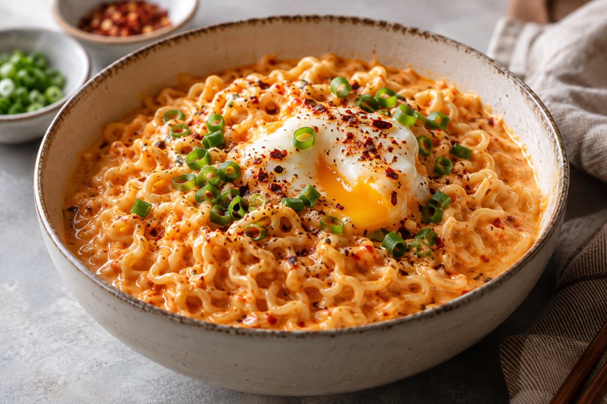 Creamy spicy carbonara ramen with glossy noodles, a soft egg and scallions