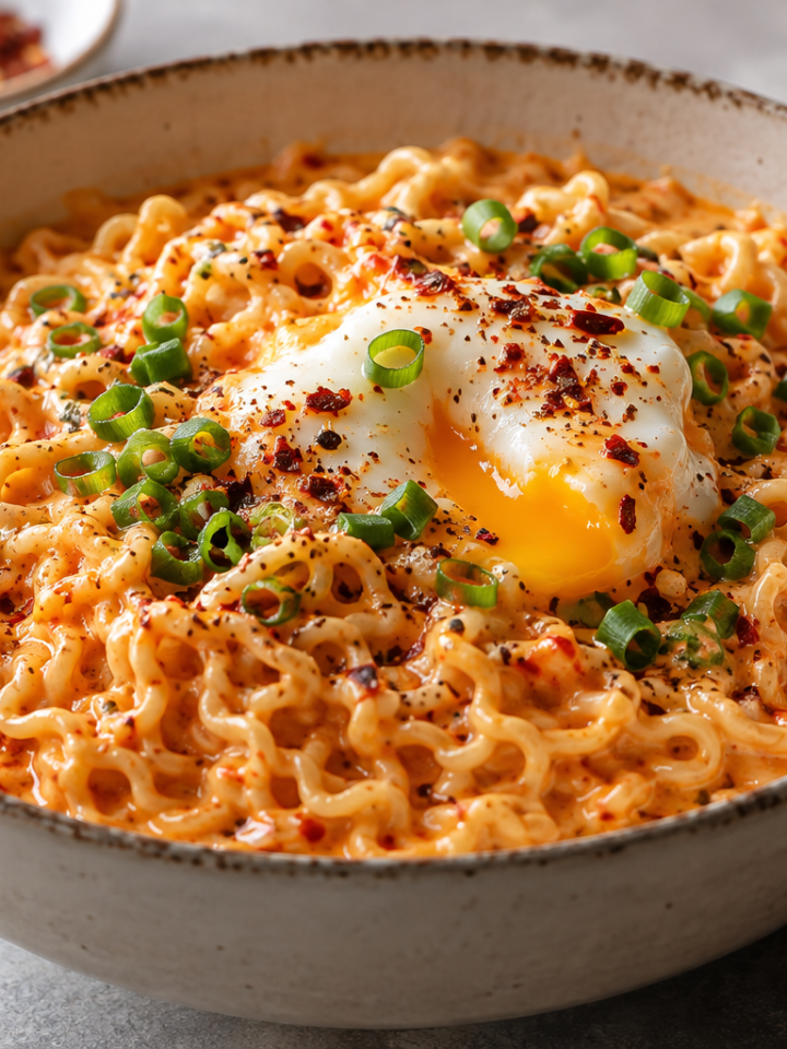 Creamy spicy carbonara ramen with glossy noodles, a soft egg and scallions