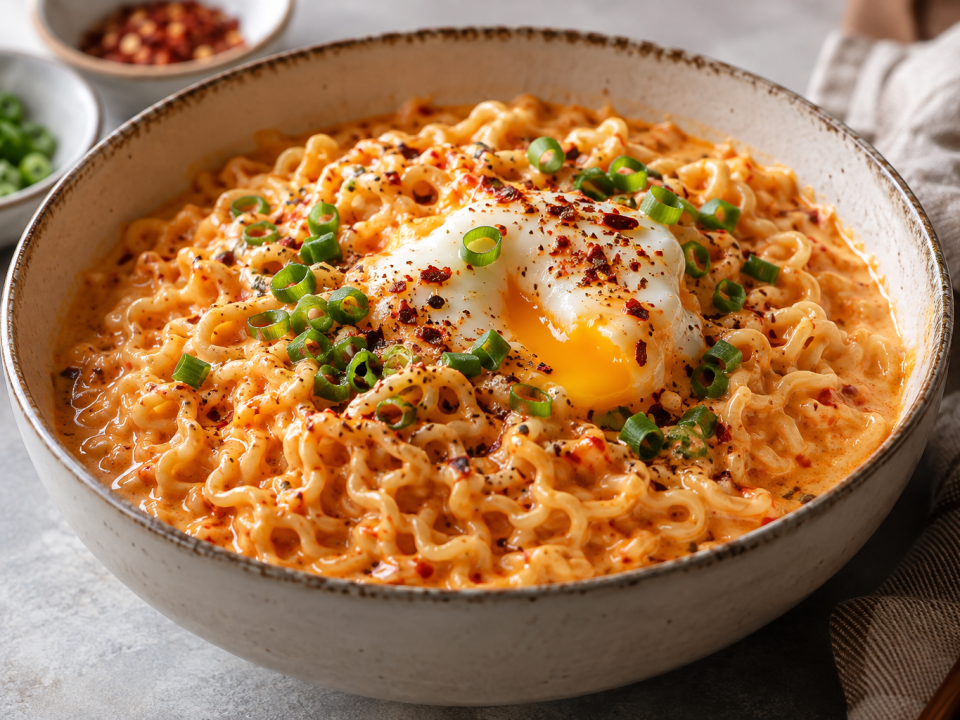 Creamy spicy carbonara ramen with glossy noodles, a soft egg and scallions