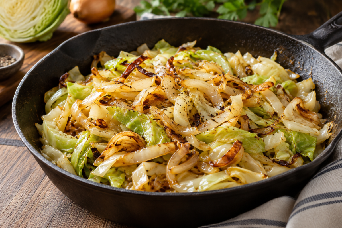 Fried cabbage ribbons with golden onions and lightly caramelized edges in a skillet