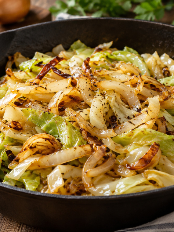Fried cabbage ribbons with golden onions and lightly caramelized edges in a skillet