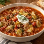 Bowl of golumpki soup with ground beef, cabbage, tomato broth and rice