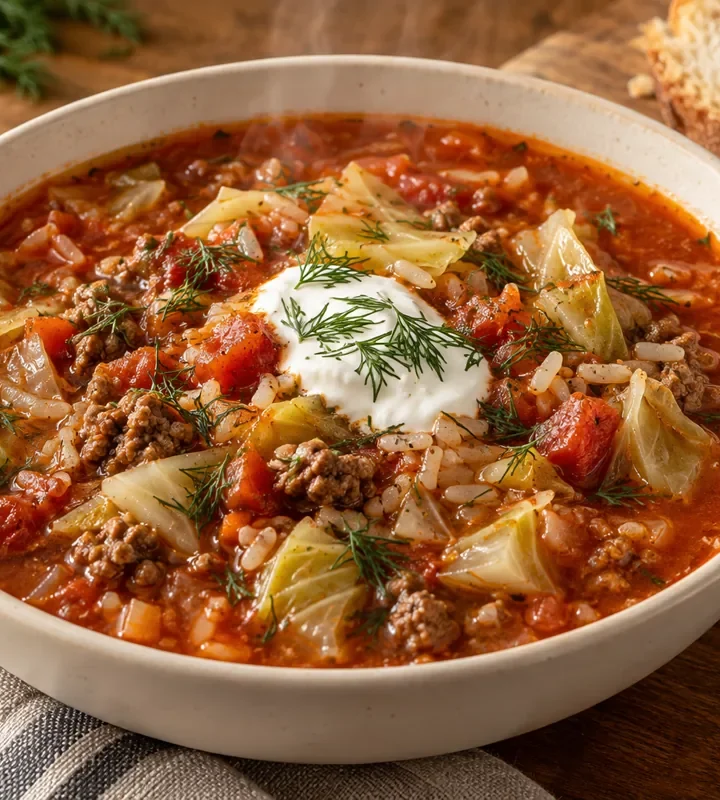 Bowl of golumpki soup with ground beef, cabbage, tomato broth and rice