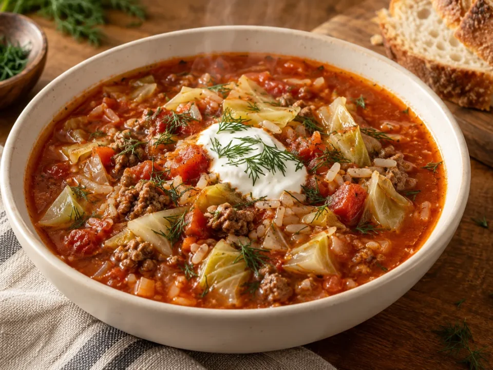 Bowl of golumpki soup with ground beef, cabbage, tomato broth and rice