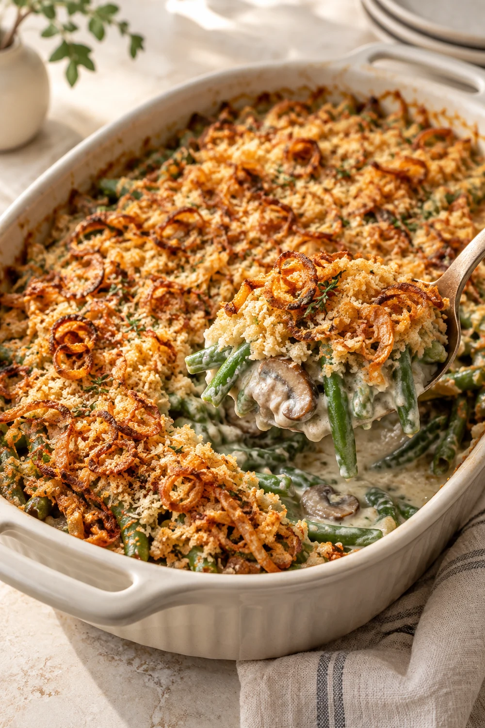 Green bean casserole with creamy mushroom sauce and crispy shallot Parmesan topping