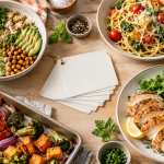 Weeknight dinner plates arranged around blank meal cards for a flexible dinner rotation