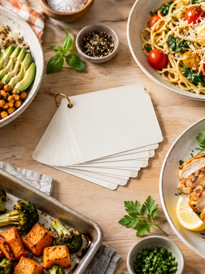 Weeknight dinner plates arranged around blank meal cards for a flexible dinner rotation