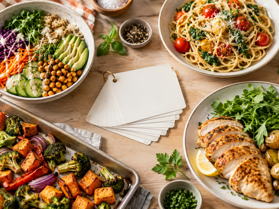 Weeknight dinner plates arranged around blank meal cards for a flexible dinner rotation