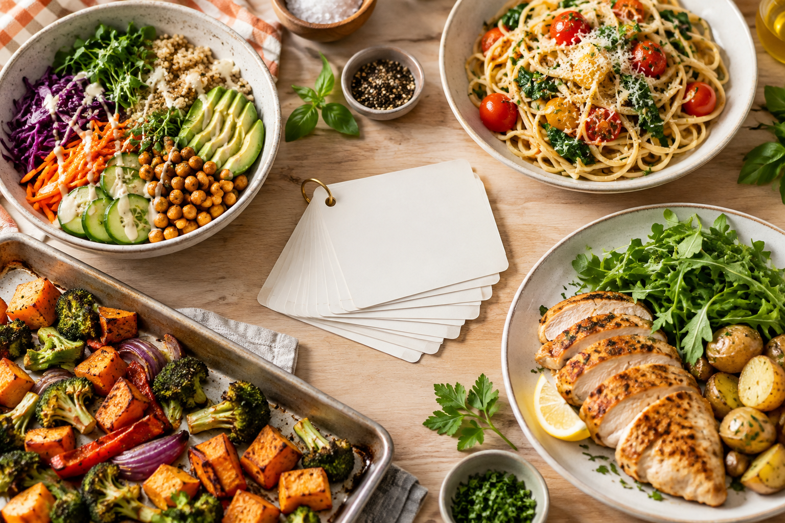 Weeknight dinner plates arranged around blank meal cards for a flexible dinner rotation