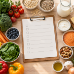 Blank grocery checklist surrounded by grouped produce, grains, dairy and pantry staples