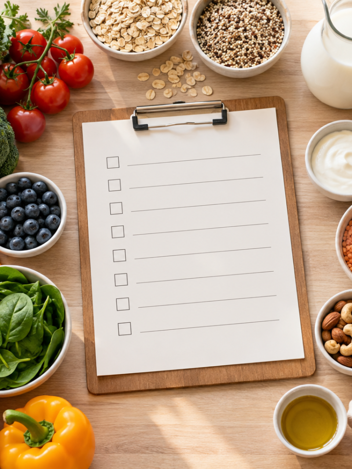 Blank grocery checklist surrounded by grouped produce, grains, dairy and pantry staples