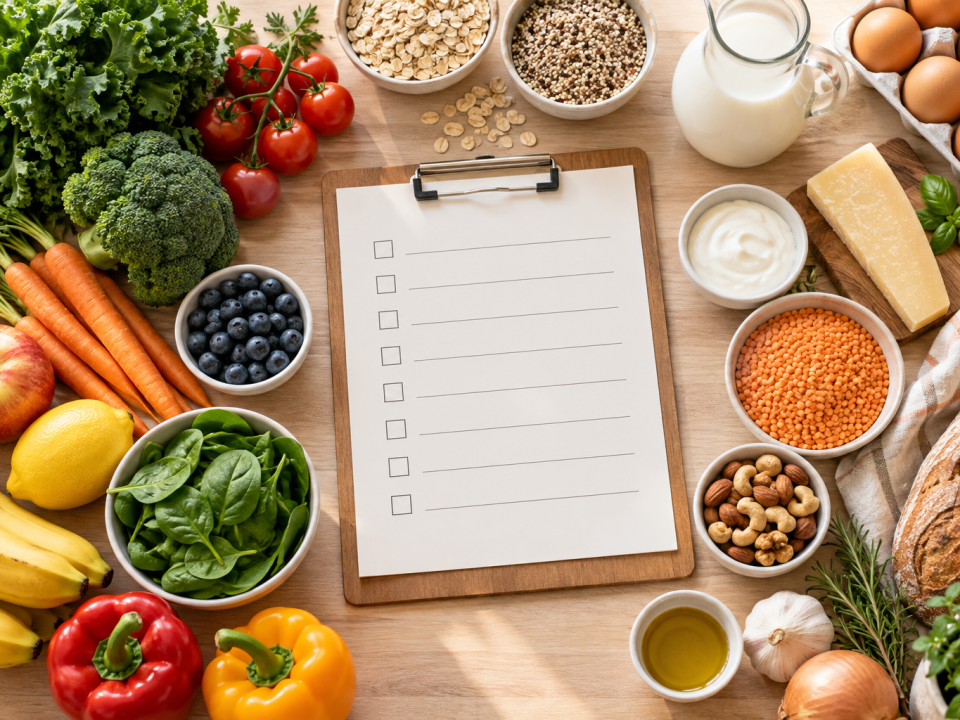 Blank grocery checklist surrounded by grouped produce, grains, dairy and pantry staples