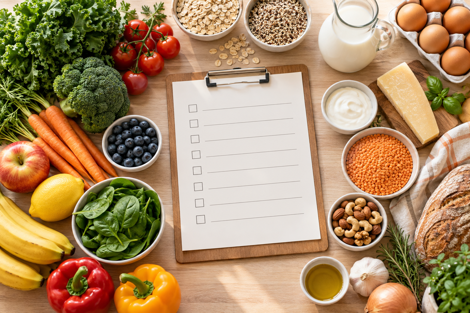 Blank grocery checklist surrounded by grouped produce, grains, dairy and pantry staples